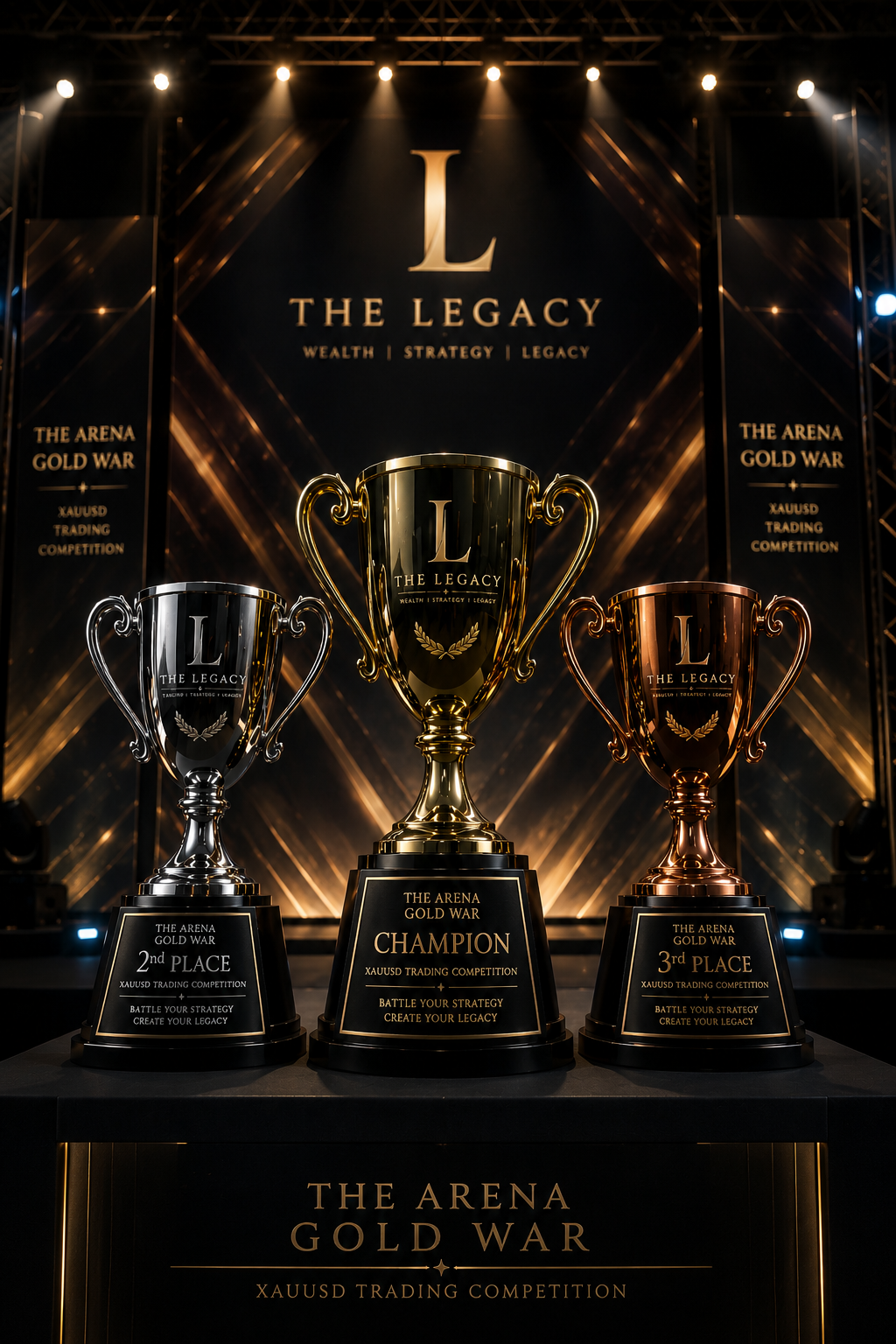 The Arena Gold War — Champion, 2nd and 3rd place trophies on the Final Night stage